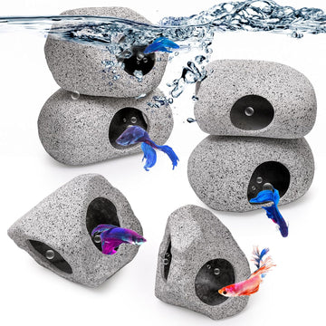 6 Pack Aquarium Decoration Rock Caves, Betta Fish Tank Hideaway, Hideout Stones House Decor for Cichlid Shrimp Territorial Hiding Breeding Spawning, Ornaments
