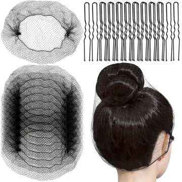 Hair Net or Women Men, Extra Large 60cm Nylon Black Hair Nets or ood Service Workers, 20 Pack Hairnets or oodservice,Dancing,Sleeping, or Ballet Buns, with 20 U-Hair Pins