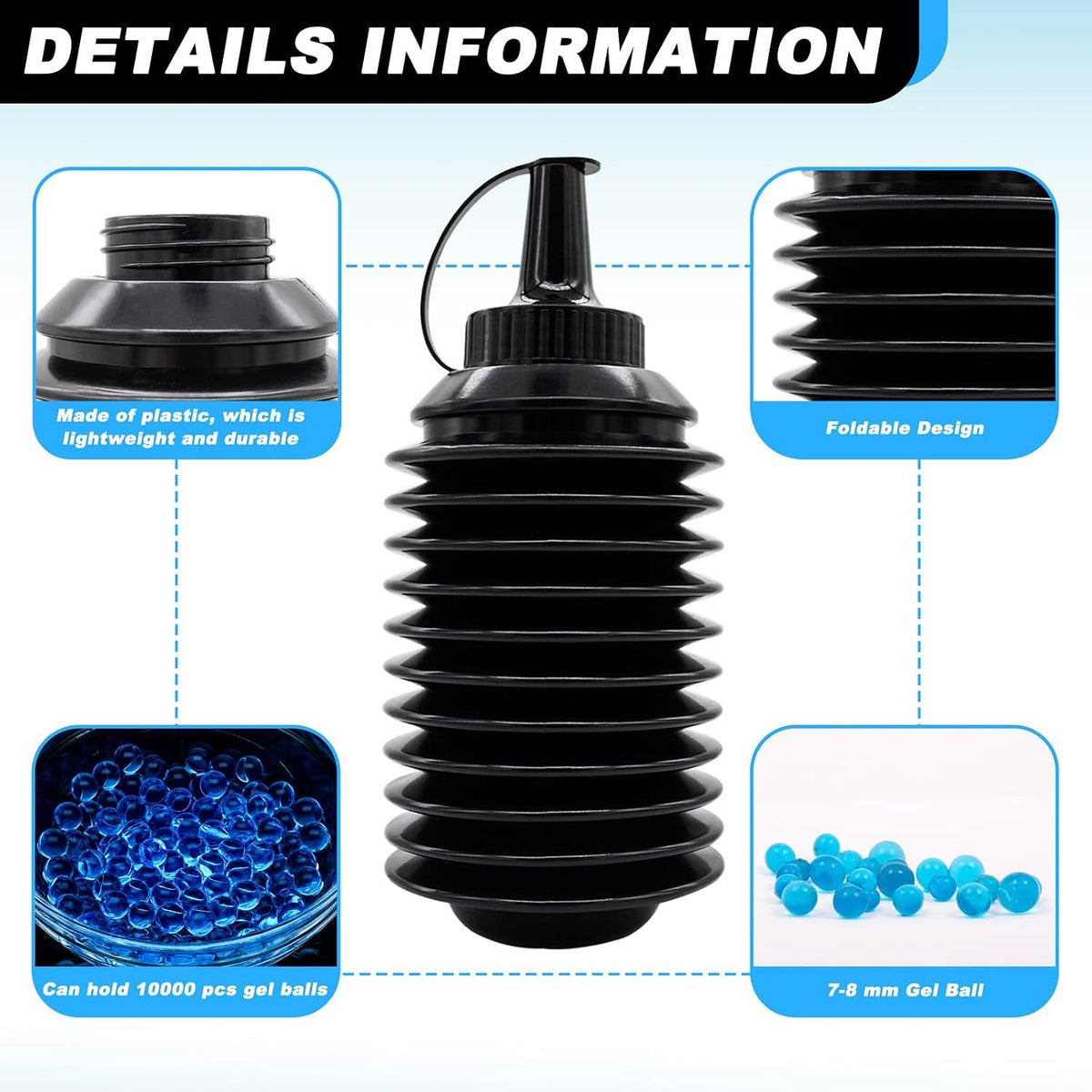 Set of four gel ball blaster gun accessory bottles with refill beads for outdoor kids' play and gel gun game accessories.