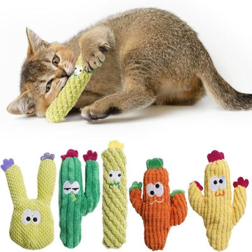 Five plush catnip toys stuffed with organic catnip, designed for indoor cats to chew and play with.