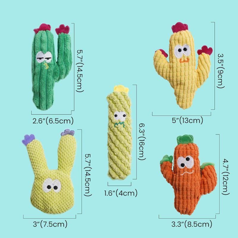 Five plush catnip toys for cats, organic and stuffed, designed for indoor play and pretend fun with soft, chewable material.