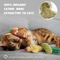 Five plush catnip toys for indoor cats, stuffed with pure organic catnip, perfect for chewing and play.