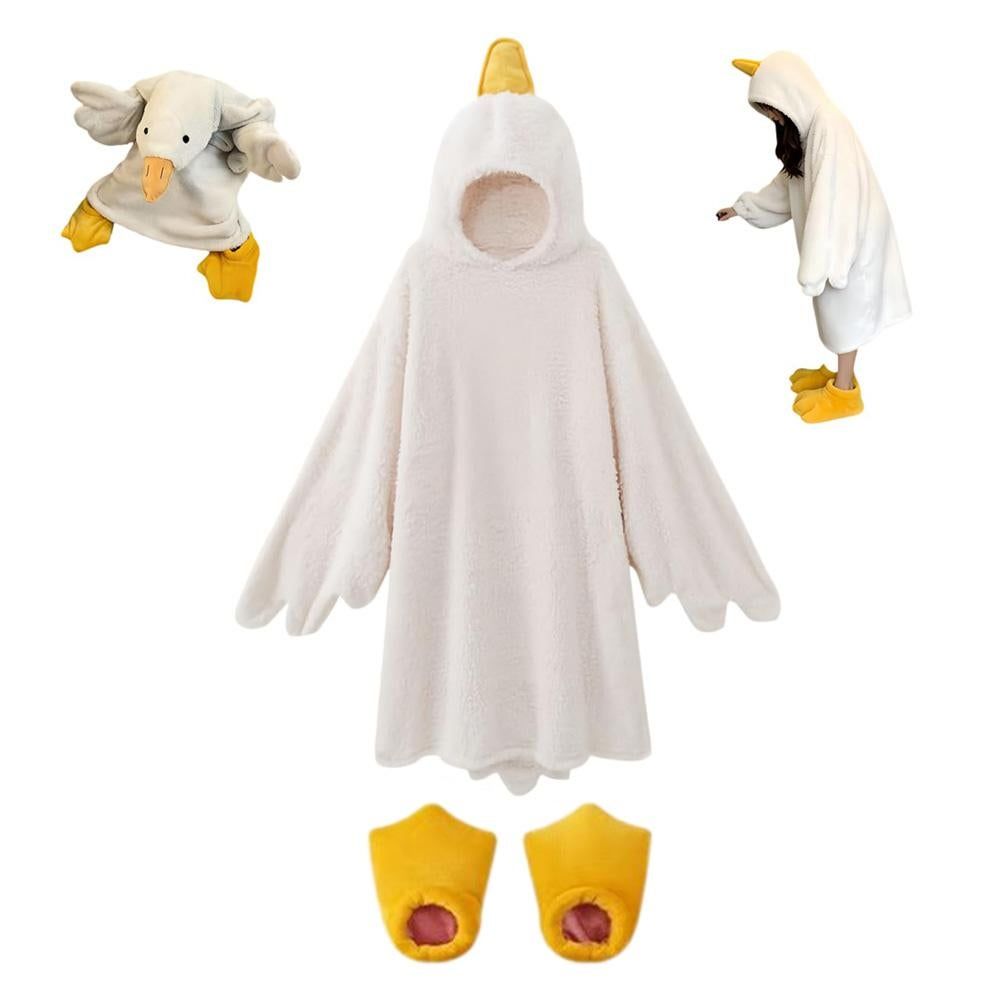 Baby girl’s cartoon goose hoodie blanket onesie from Everything Baby, oversized fleece sleepwear with shoes for lounging or parties.