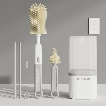 6-in-1 Portable Silicone Bottle Brush Set with Drying Storage Box, All-Purpose Cleaner for Baby Bottles, Nipples, and Straw Cups - Gray