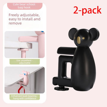 2-Pack Koala Desk Hook, Adjustable Glue-Free Table-Side Bag Hanger, Heavy-Duty Portable Backpack Hook for Students - Black