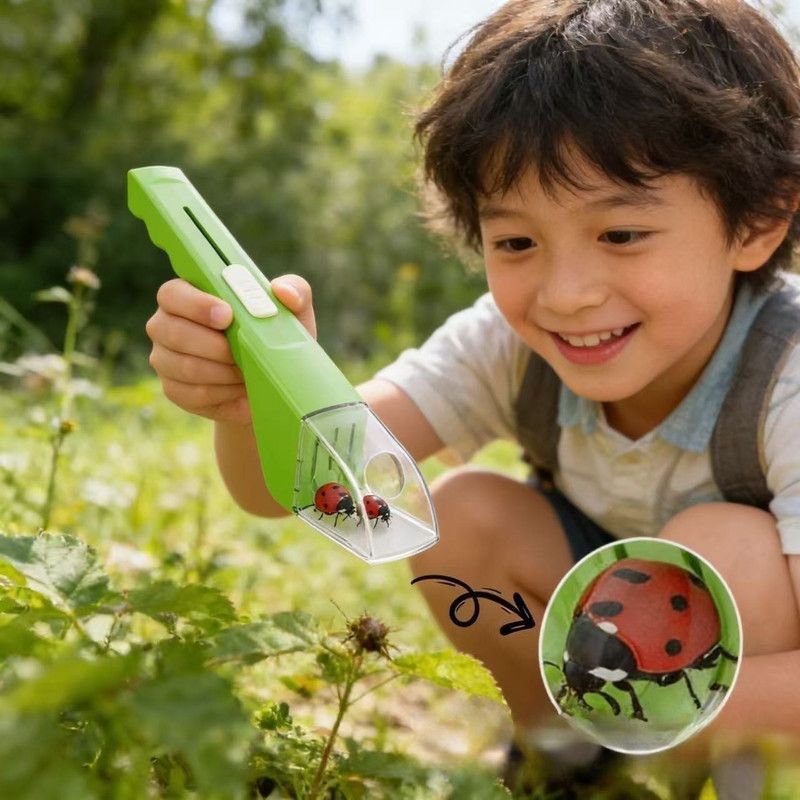 Blue handheld insect catcher with magnifier and tweezers, kids' outdoor bug viewing tool for safe bug catching and exploration.