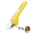 Yellow handheld insect catcher with magnifier and tweezers, designed for kids' outdoor bug catching and observation.