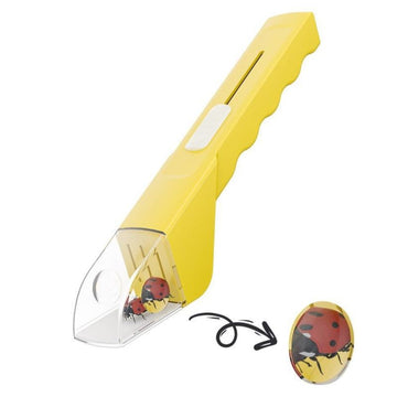Yellow handheld insect catcher with magnifier and tweezers, designed for kids' outdoor bug catching and observation.