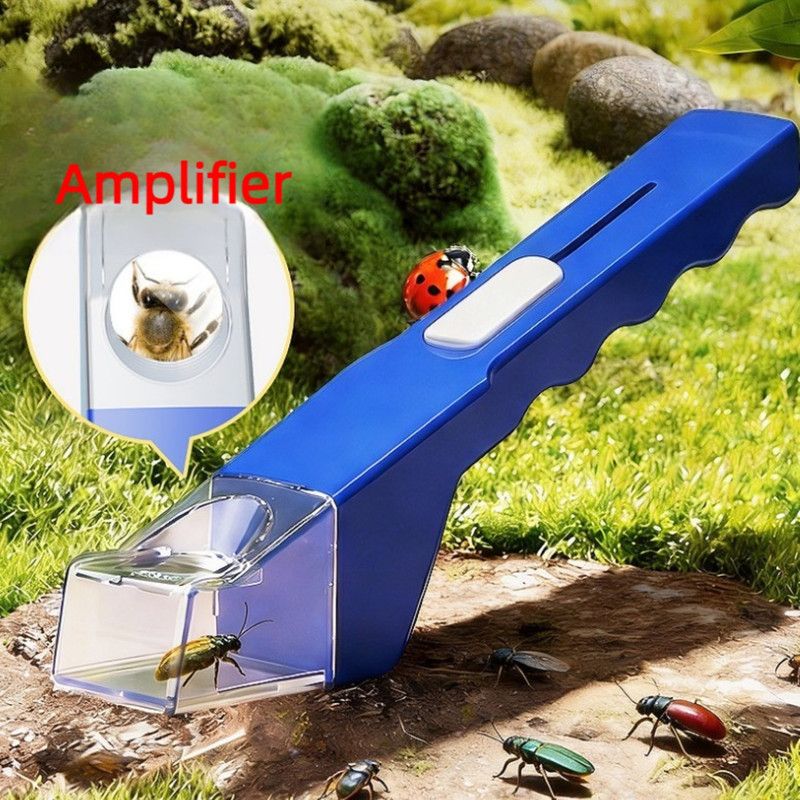 Blue handheld insect catcher with magnifier for kids, a fun outdoor bug box toy from Everything Baby for nature exploration.
