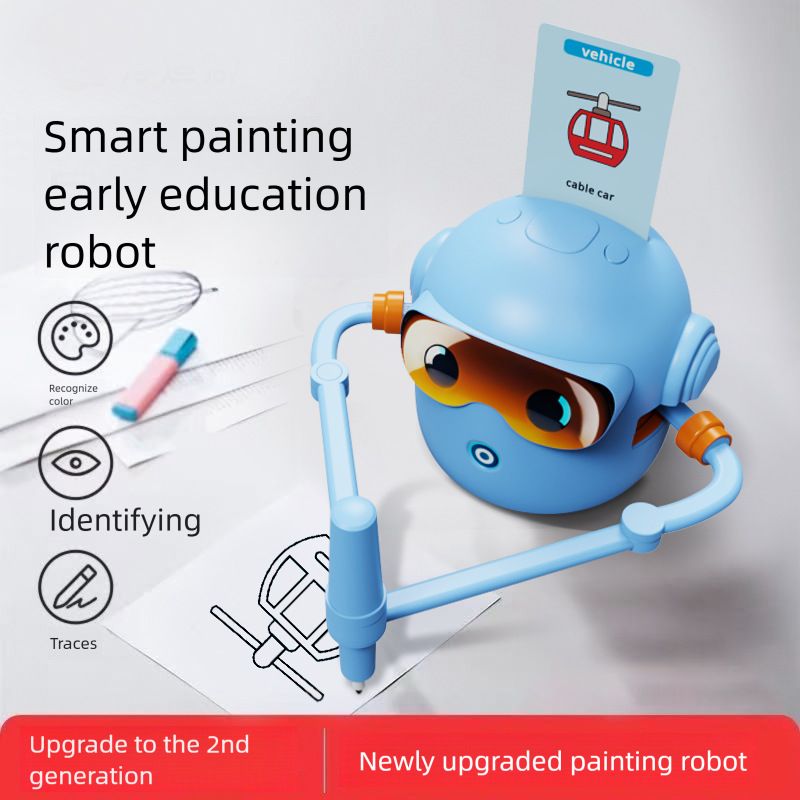 Smart drawing robot for kids by Everything Baby, showing the robot with drawing tools and colorful sketches on paper.