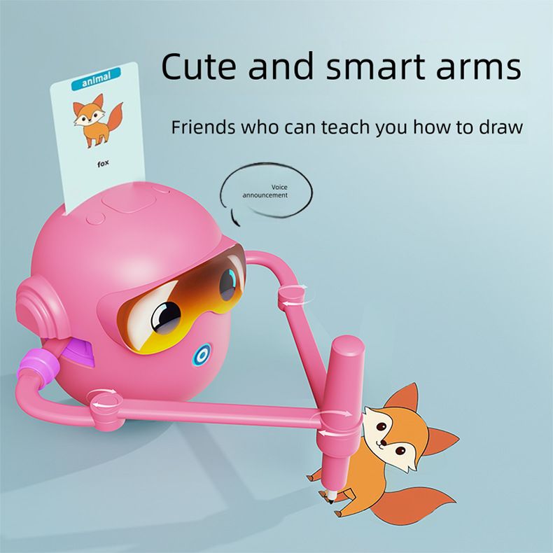 Smart drawing robot toy for kids by Everything Baby, showing the robot with drawing tools and colorful sketches on paper.