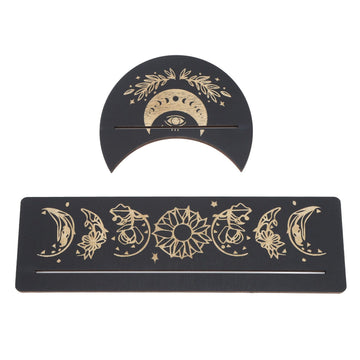 2 Pieces Wooden Tarot Card Stand Holder Moon Shape and Rectangle Wooden Tarot Card Display Stand Base Black Type A