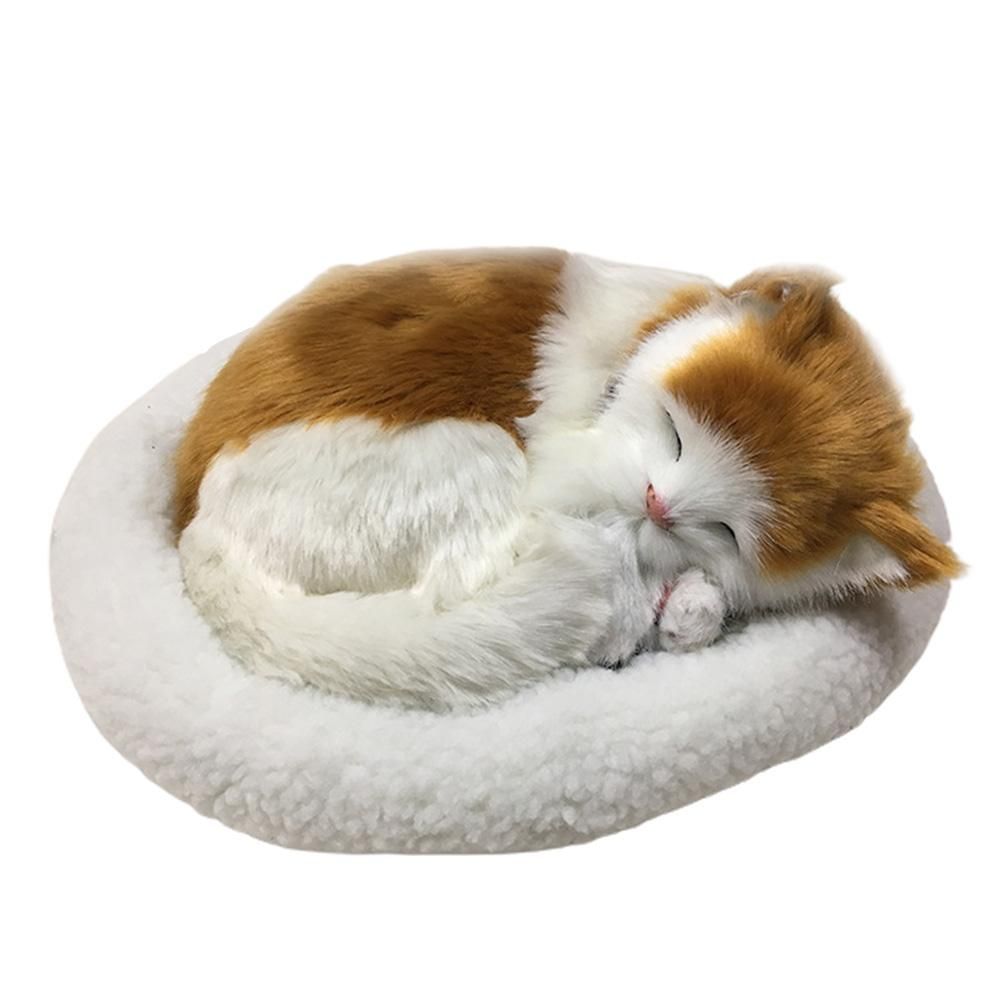 Realistic plush sleeping cat toy with breathing feature, soft stuffed animal doll for children, suitable as a home ornament.