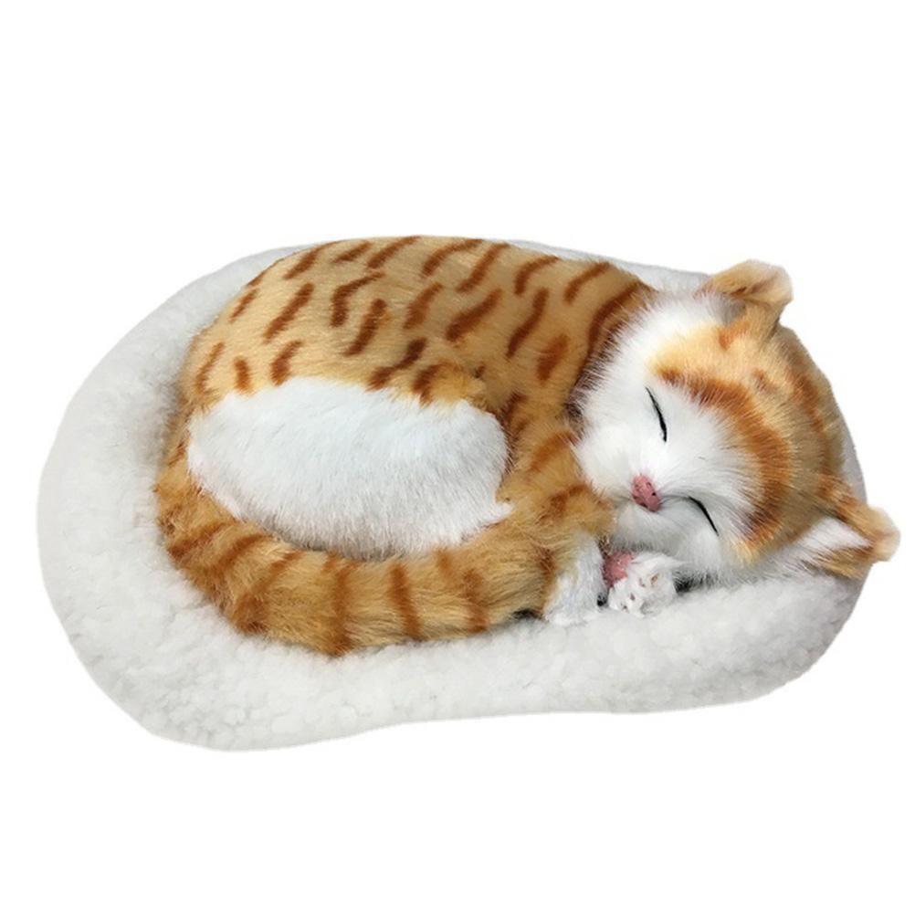 Realistic plush sleeping cat toy with breathing feature, soft stuffed animal doll for children, suitable for pretend play and home decor.
