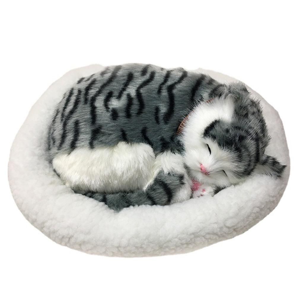 Realistic plush sleeping cat toy with breathing motion, soft stuffed animal for children, suitable for pretend play and home decoration.