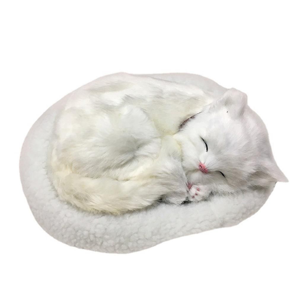 Realistic plush sleeping cat toy with breathing feature, soft mat, suitable for children’s pretend play and home decor.