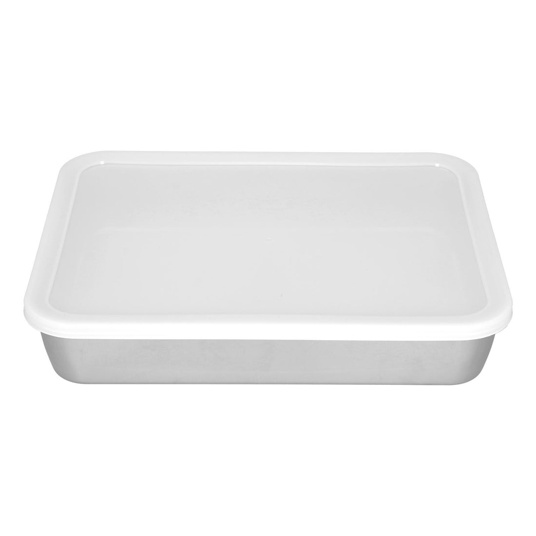 Stainless steel baking tray with non-stick surface and cover, suitable for pretend play food and kitchen toys for kids.