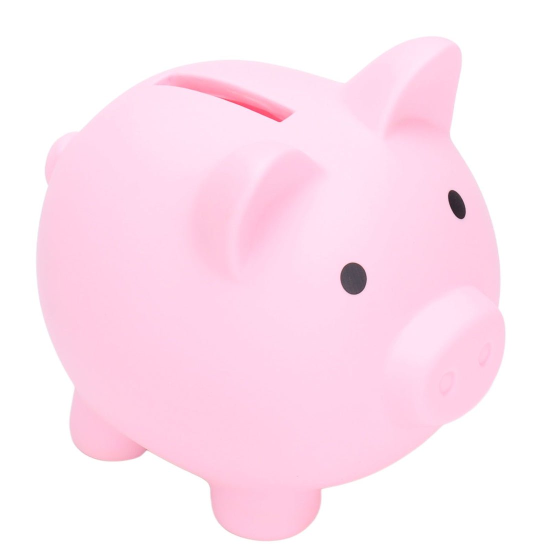 Pink vinyl piggy bank shaped like a cartoon pig, durable and rugged, perfect as a coin savings toy for boys and girls.