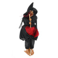 Animated Halloween hanging witch doll with ghost, broom, and spooky details for outdoor or home party decoration by Everything Baby.