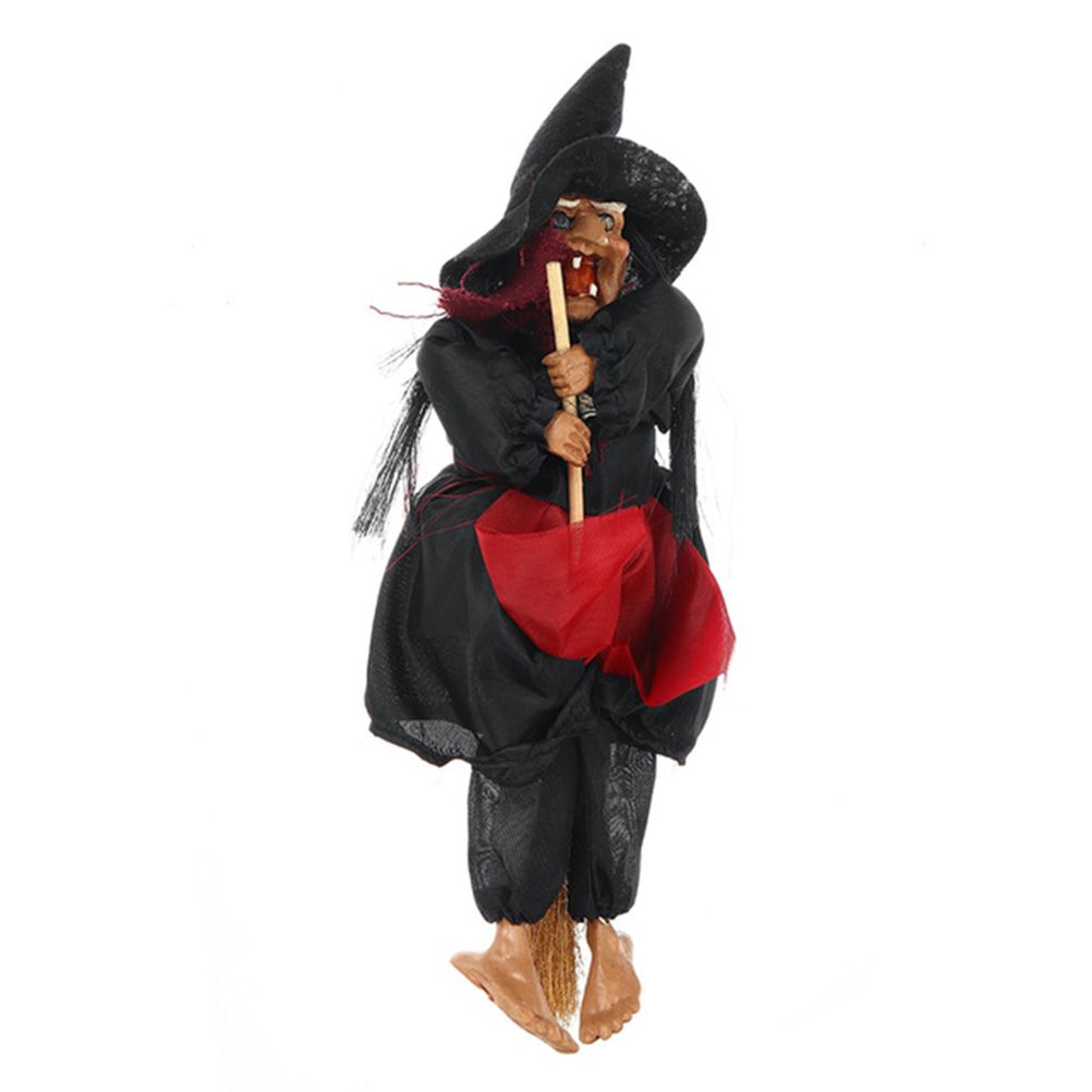 Animated Halloween hanging witch doll with ghost, broom, and spooky details for outdoor or home party decoration by Everything Baby.