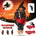 Halloween hanging witch doll with animated ghost, riding broom, suitable for outdoor or home Halloween decorations.