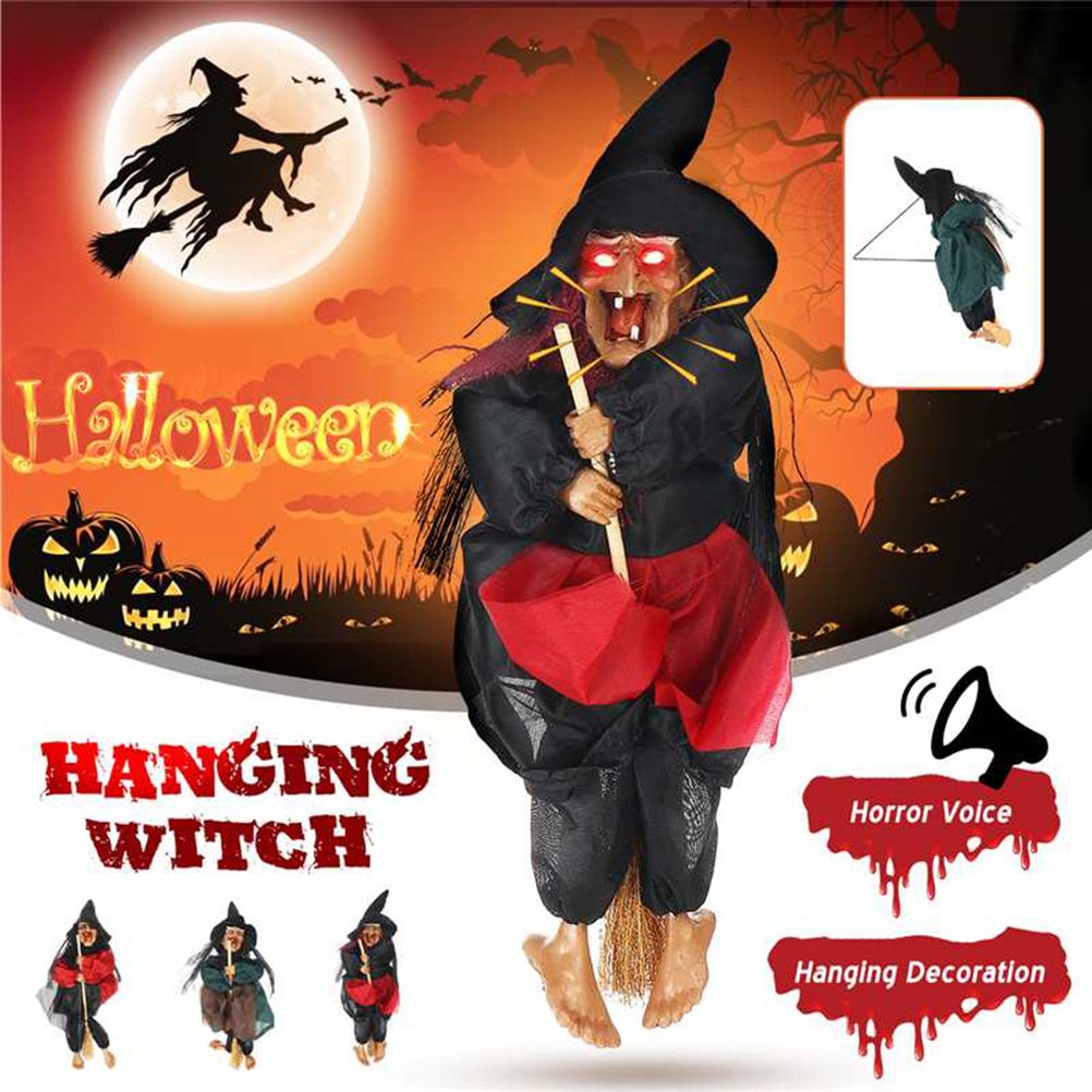 Halloween hanging witch doll with animated ghost, riding broom, suitable for outdoor or home Halloween decorations.