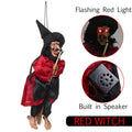 Halloween hanging witch doll with ghost and riding broom, animated voice control prop for outdoor home and party decorations.