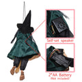 Animated Halloween hanging witch doll with ghost and broom, suitable for outdoor or indoor spooky decorations, by Everything Baby.