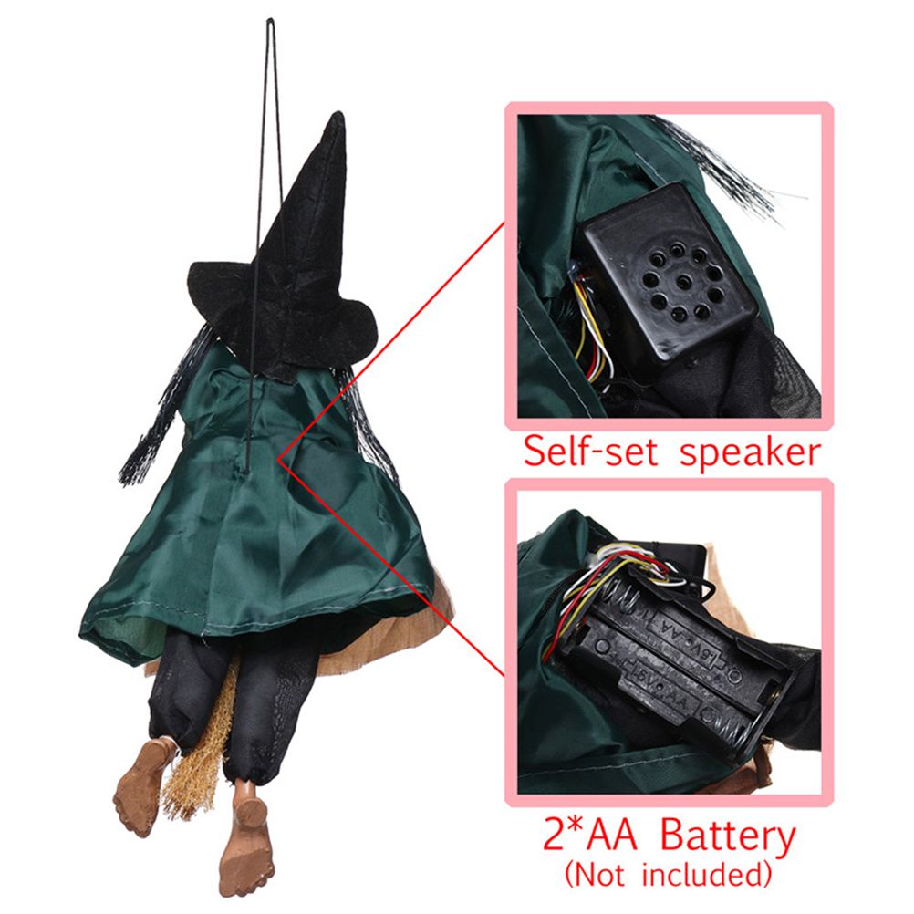 Animated Halloween hanging witch doll with ghost and broom, suitable for outdoor or indoor spooky decorations, by Everything Baby.