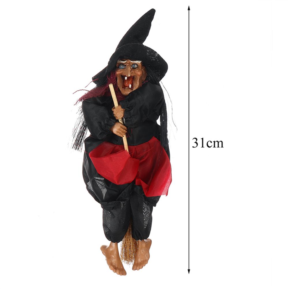 Animated Halloween hanging witch doll with ghost and broom, voice-controlled, ideal for outdoor home or party decorations.