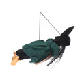 Halloween hanging witch doll with ghost and broom, voice-controlled animated decoration for outdoor or indoor spooky parties.