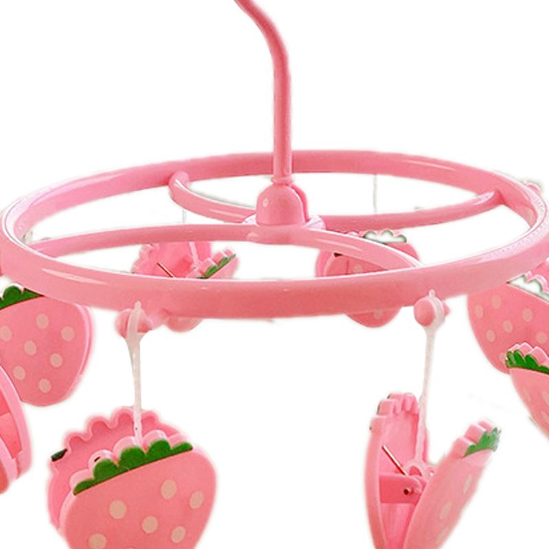 Pink strawberry plastic hanging drying rack with clips, suitable for socks, underwear, and small clothes for kids or dormitory use.