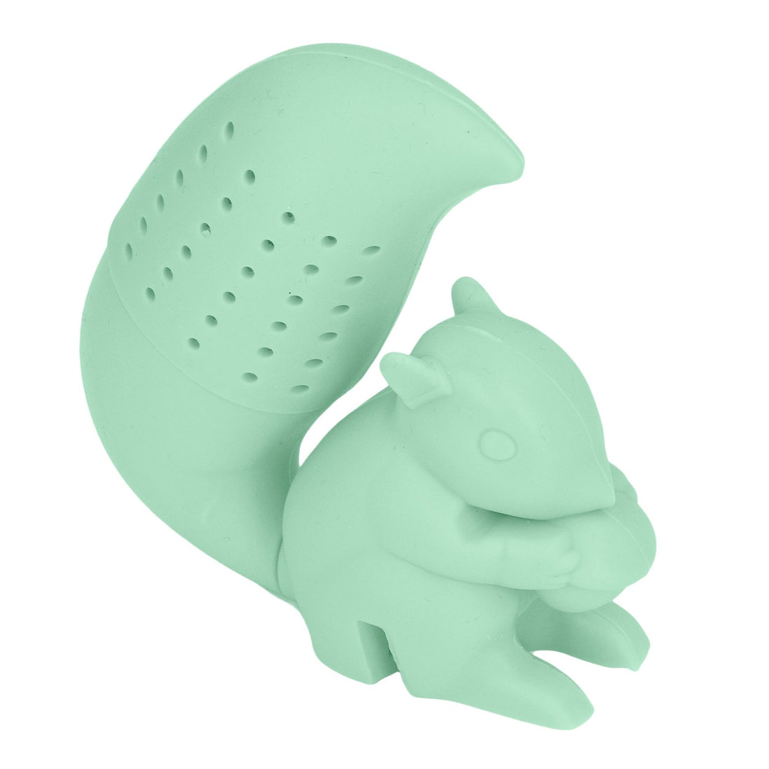 Cute green squirrel-shaped silicone tea infuser filter for kids, food-grade silicone, perfect for tea brewing and children's lunch boxes
