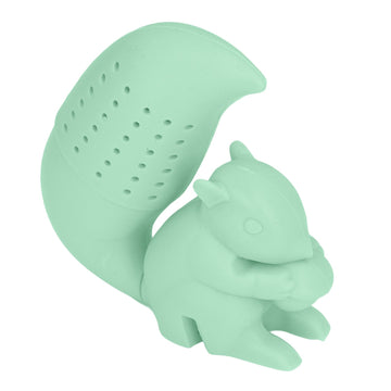 Cute green squirrel-shaped silicone tea infuser filter for kids, food-grade silicone, perfect for tea brewing and children's lunch boxes