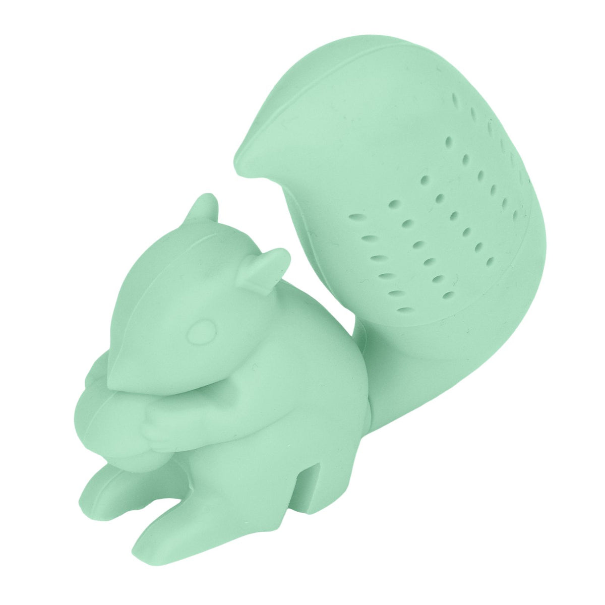 Green food-grade silicone squirrel-shaped tea infuser filter, cute squirrel design for brewing tea, ideal for tea lovers.
