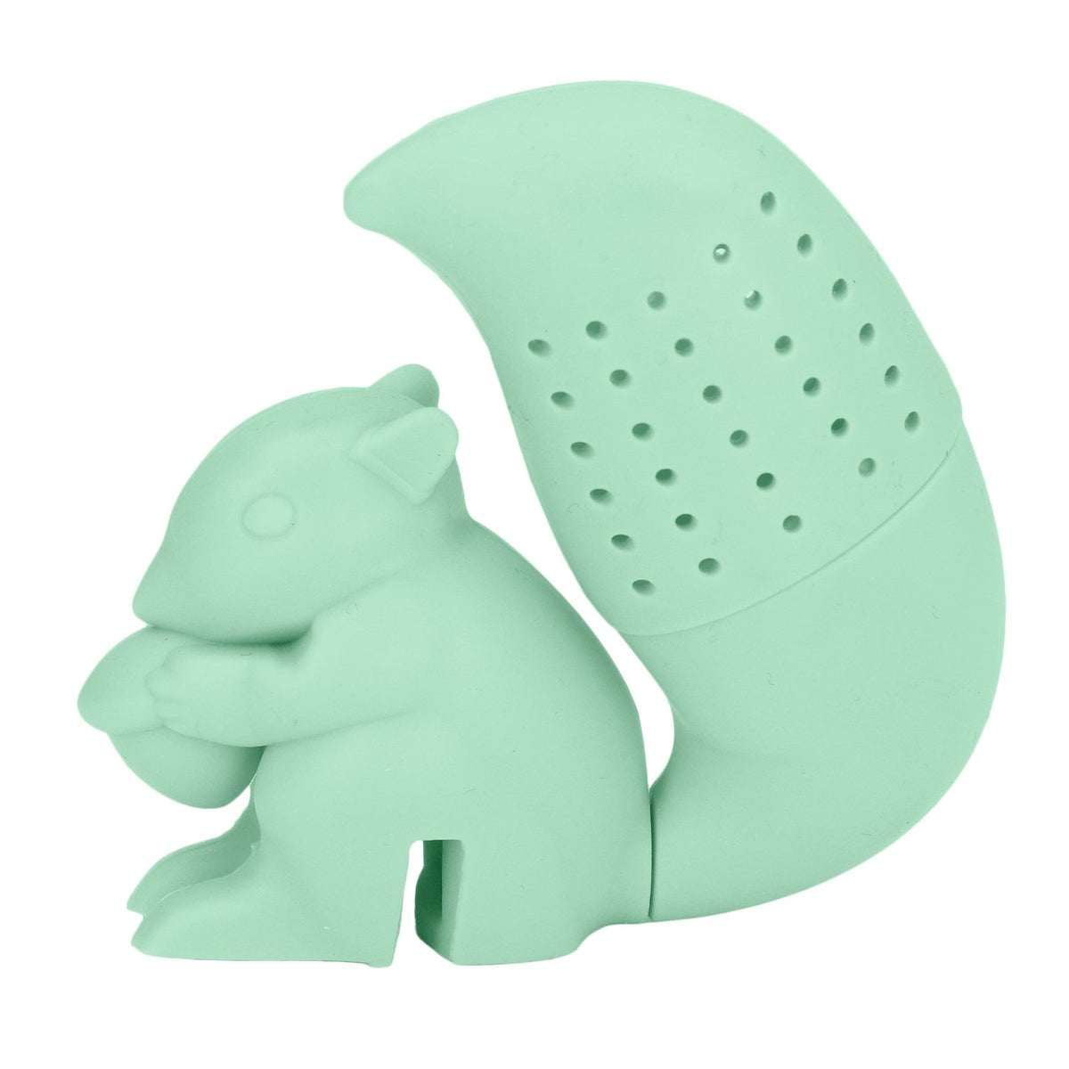 Green food grade silicone squirrel-shaped tea infuser filter, cute squirrel design for brewing tea, ideal for tea lovers.