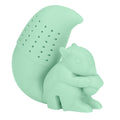 Green food grade silicone squirrel-shaped tea infuser filter, cute squirrel design for brewing tea, ideal for kids' lunch boxes.