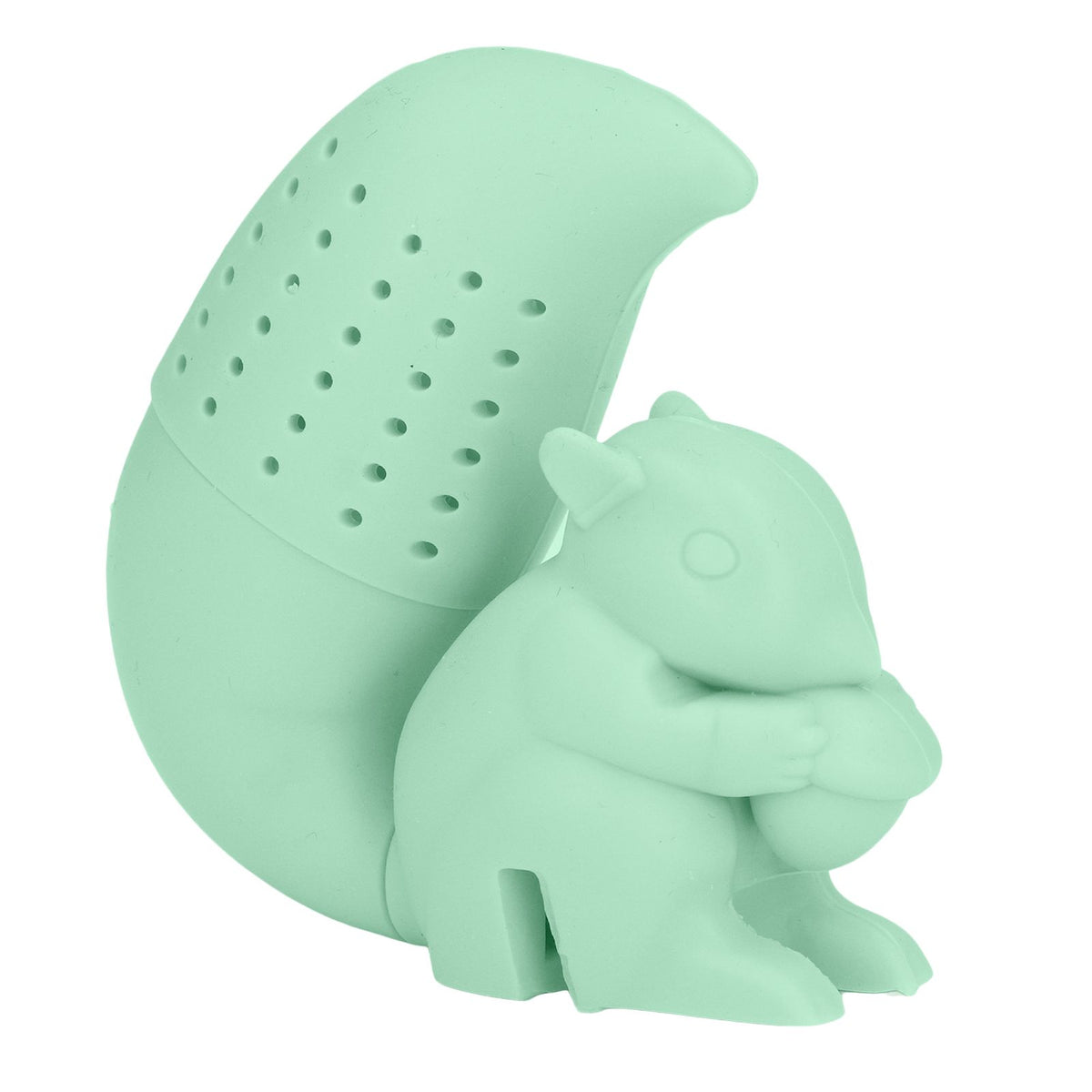 Green food grade silicone squirrel-shaped tea infuser filter, cute squirrel design for brewing tea, ideal for kids' lunch boxes.
