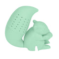Green squirrel-shaped food grade silicone tea infuser filter, cute squirrel design for brewing loose leaf tea.