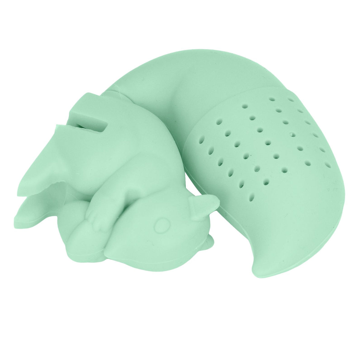 Green silicone squirrel-shaped tea infuser filter, cute and food grade, ideal for brewing tea with fun squirrel design.