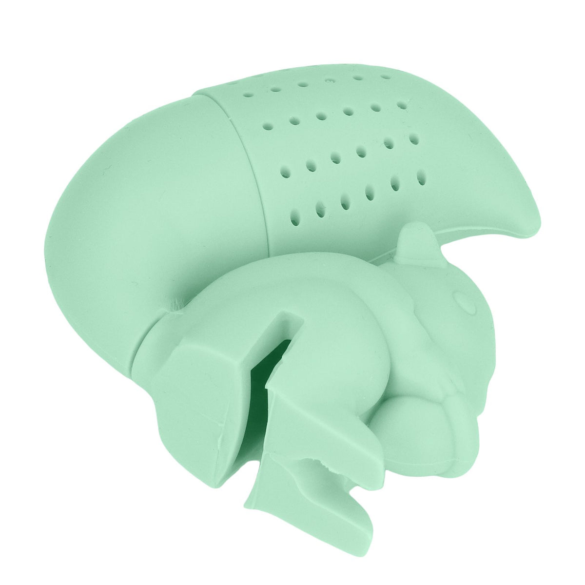 Green food grade silicone squirrel-shaped tea infuser filter, cute squirrel design for brewing tea in a baby and kids lunch box.