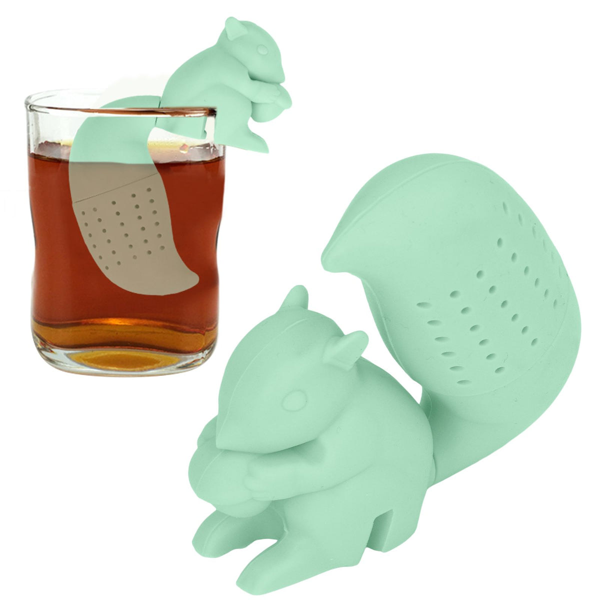 Green food-grade silicone squirrel-shaped tea infuser filter, cute squirrel design for brewing tea comfortably.