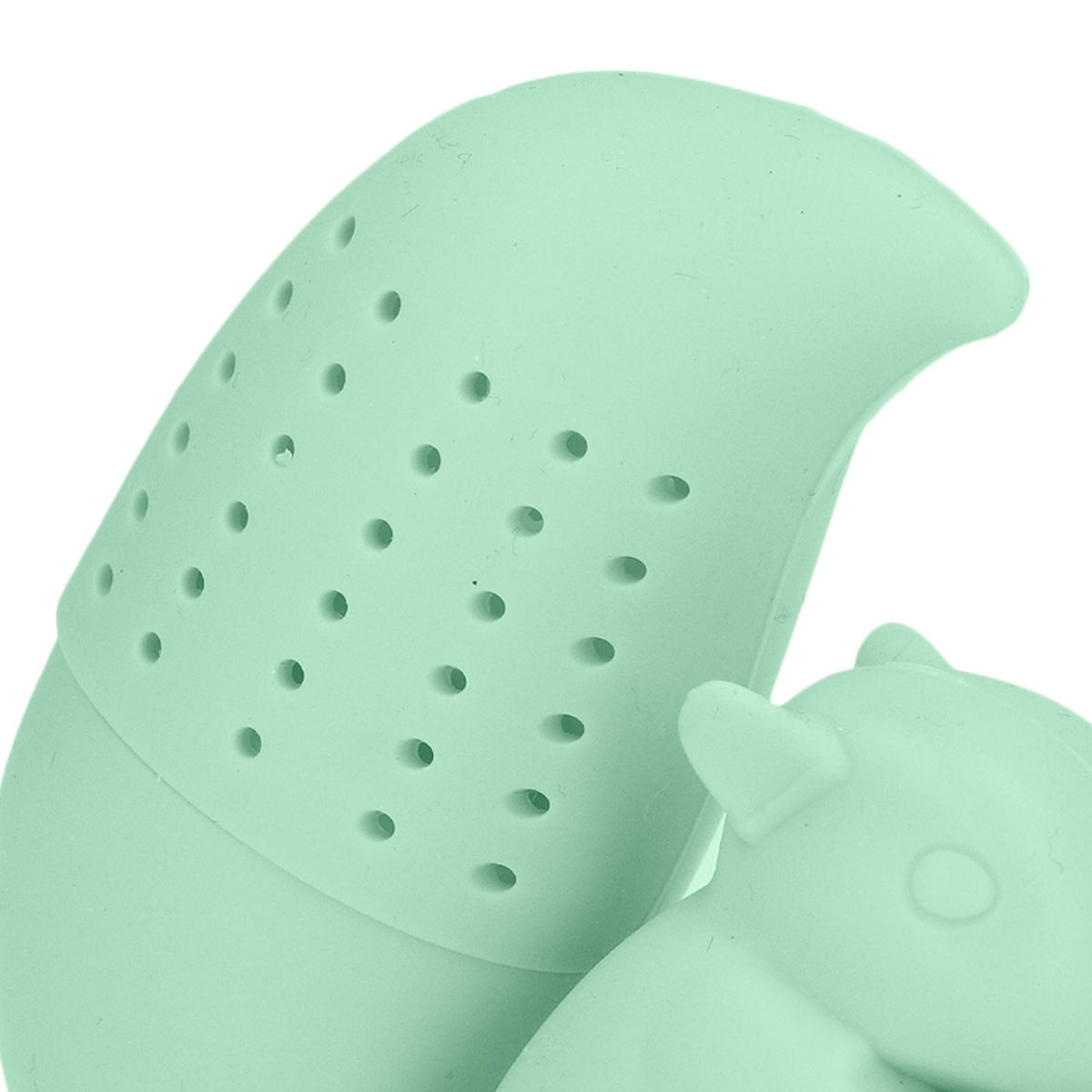 Green silicone squirrel-shaped tea infuser filter from Everything Baby, designed as a cute squirrel-shaped tea strainer for brewing tea.