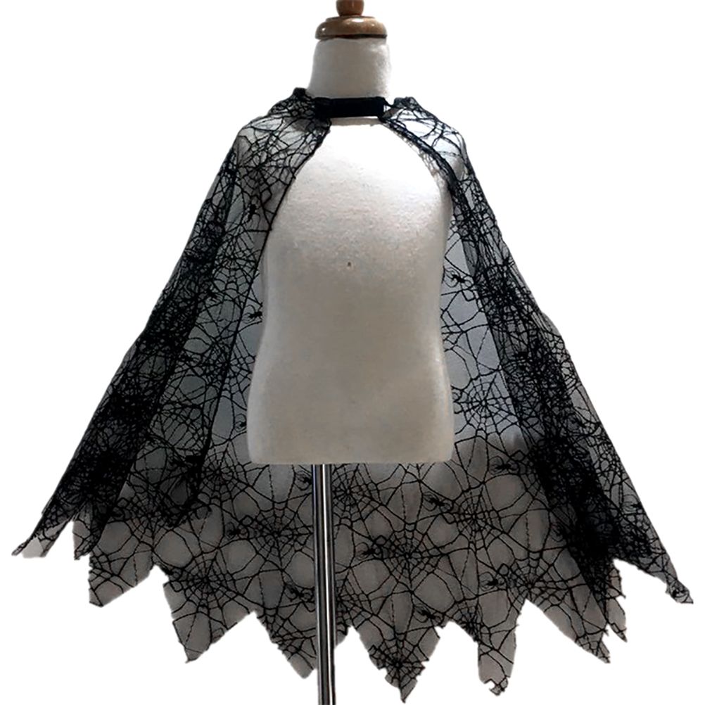 Child wearing Halloween cobweb cloak costume with spider design, part of pretend play costume set for kids by Everything Baby.