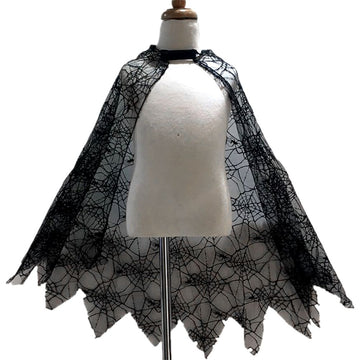 Child wearing Halloween cobweb cloak costume with spider design, part of pretend play costume set for kids by Everything Baby.
