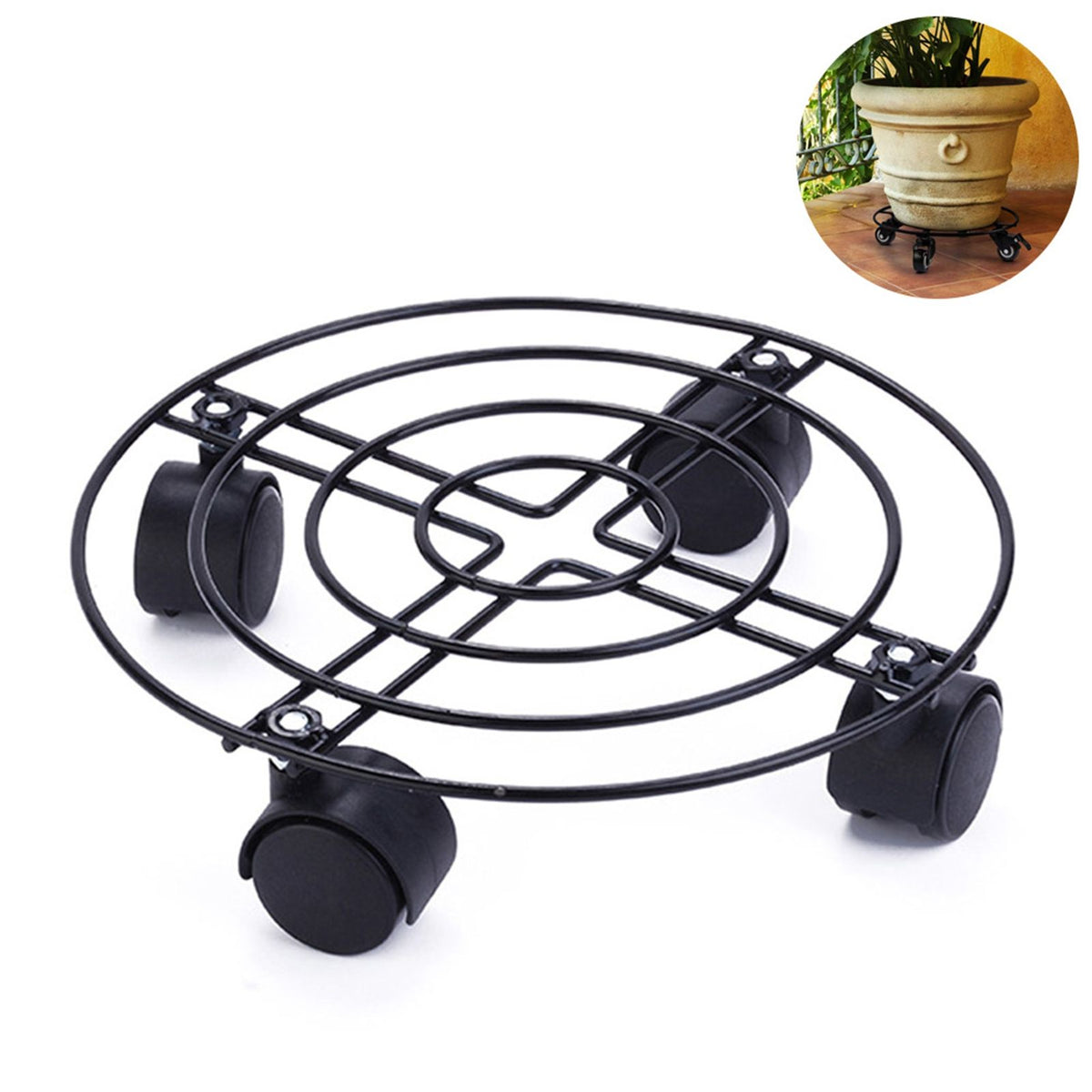 Heavy duty iron potted plant stand with wheels, round flower pot rack for indoor and outdoor use, from Everything Baby.
