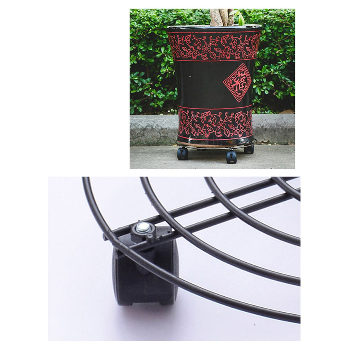 Heavy duty iron round plant stand with wheels, designed for indoor and outdoor use, suitable for potted plants and flowers.