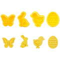 Set of 4 plastic fondant cutters featuring butterfly, rabbit, chick, and Easter egg shapes for cake decorating and baking.