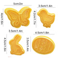 Four plastic fondant cutters featuring butterfly, rabbit, chick, and Easter egg shapes for cake decorating and baking.