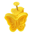 Set of four plastic fondant cutters featuring butterfly, rabbit, chick, and Easter egg shapes for cake decorating and biscuit making.